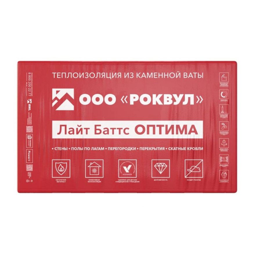 Утеплитель Роквул Лайт Баттс Оптима 50мм, 10 плит, 6м2, 600х1000мм, 0.3м3 Rockwool купить в Адлере